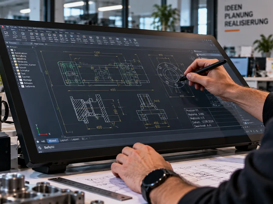 Technical CAD drawing on a large display