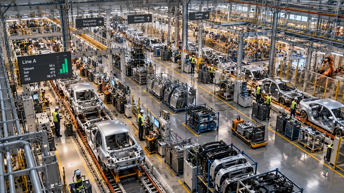 View across a modern vehicle-production facility with several assembly lines